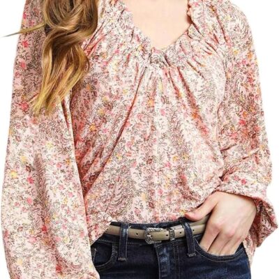Dokotoo Womens Tops Fall Outfits for Women 2024 Casual Floral Print V Neck Flowy Smocked Puff Long Sleeve Shirt Loose Blouse