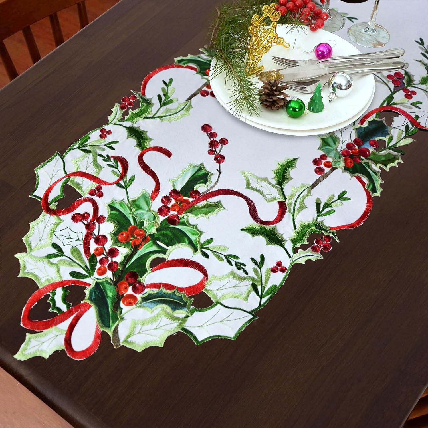 Grelucgo Embroidered Holly Leaves Table Runner for Christmas Holiday (14x70 inches) - Image 4