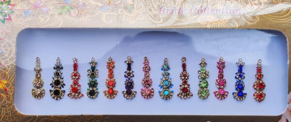 Multicolored Crystal Bindi Bridal face Jewels Forehead Tika Indian Bindis for women bindi Indian multicolor round long small gold (Long Bindis - 12 Bindi)