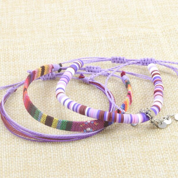 4pc Surfer Anklets for Men Waterproof String Rope Anklets Boho Clay Adjustable Beads Ankle Bracelets Cute Cloth Stainless Steel Anklet Set Beach Summer Jewelry for Women (4pcs boho anklets purple)
