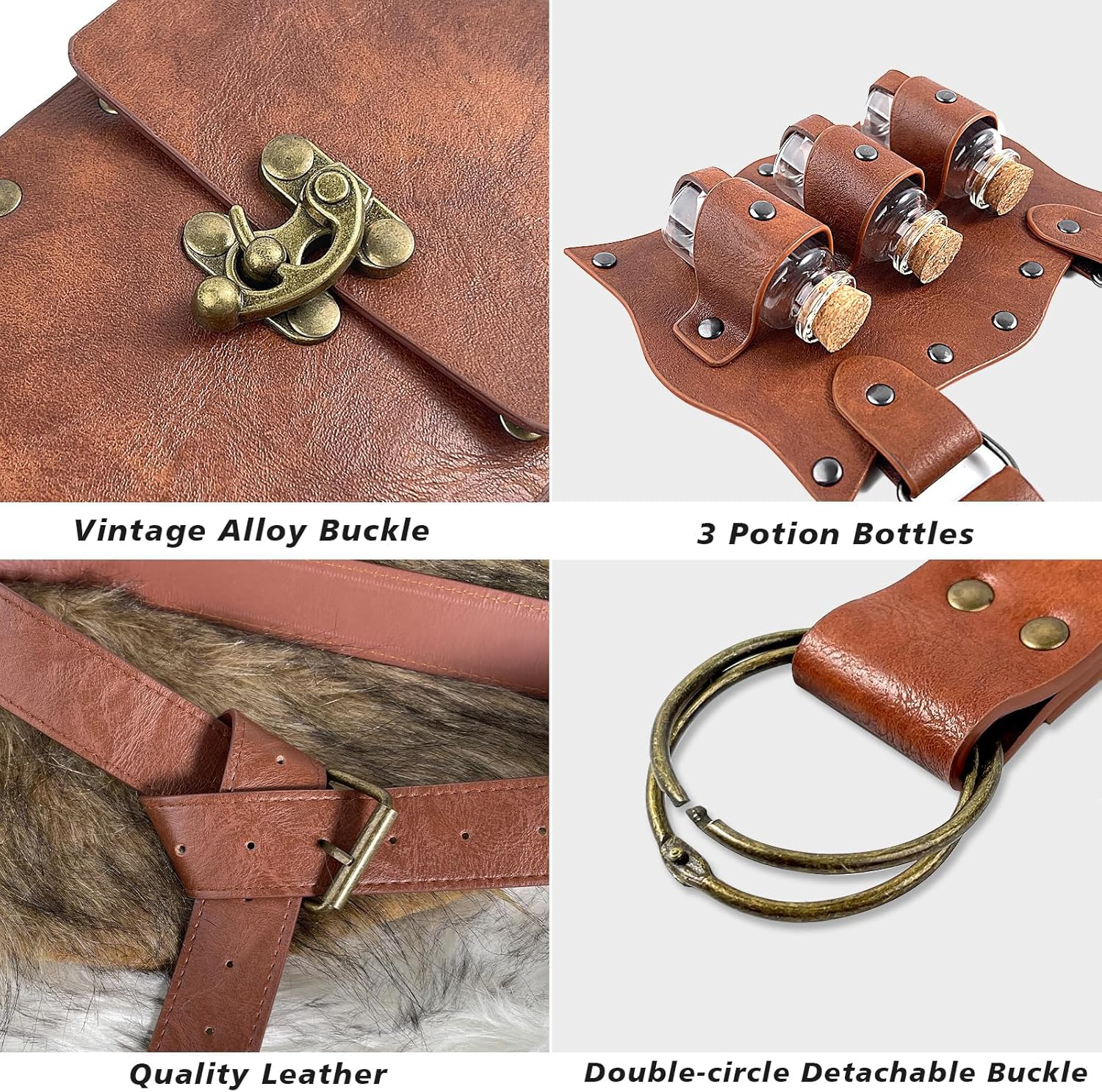 Medieval Alchemy Belt Potion Bottle Waist Pouch Skirt Hikes Set Renaissance Costume Accessories for LARP Cosplay Costume Christmas Gifts (3Bottles-Brown) - Image 5