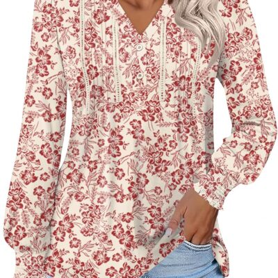 VVK Long Sleeve Blouses for Women Notch V Neck Tunic Top Ruffle Cuffs Lightweight Dressy Casual Loose Pleated T-Shirts Fall