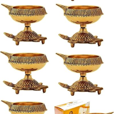 SATVIK 8 Pc Big Size Kuber Turtle Diya for Diwali Decoration Handmade Oil Lamp with Golden Engraved Virgin Brass Metal Diwali Diya Vilakku for Puja Pooja Traditional Indian Deepawali Gift Items