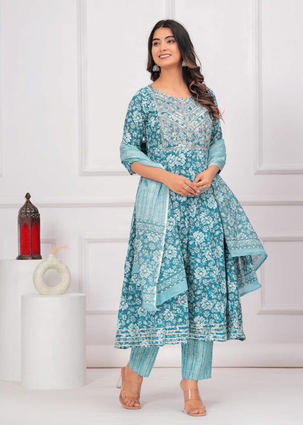 Women's Cotton Printed Anarkali Kurta with Palazzo Pants and Dupatta Set - Image 5