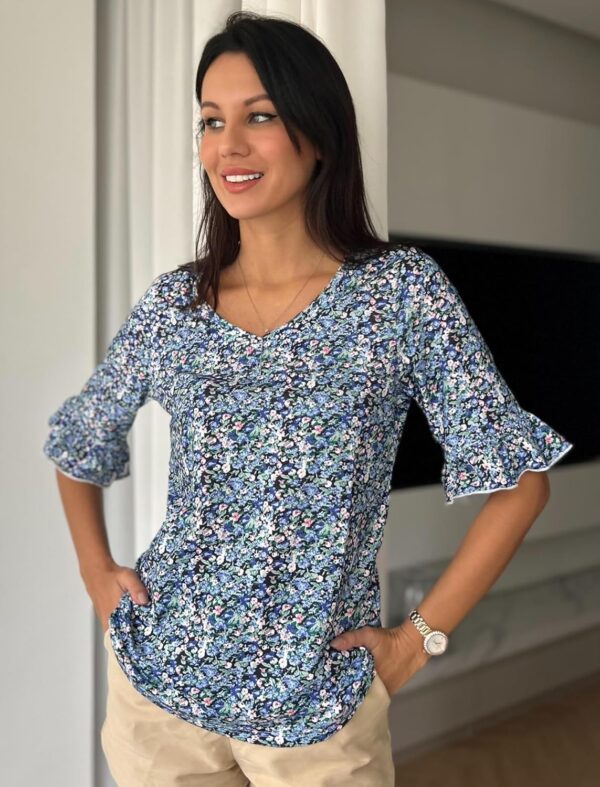 Zeagoo Womens Tops Casual V Neck Shirts Floral Solid Blouse Ruffle Tunics 3/4 Sleeve Tshirt S-XXL - Image 4