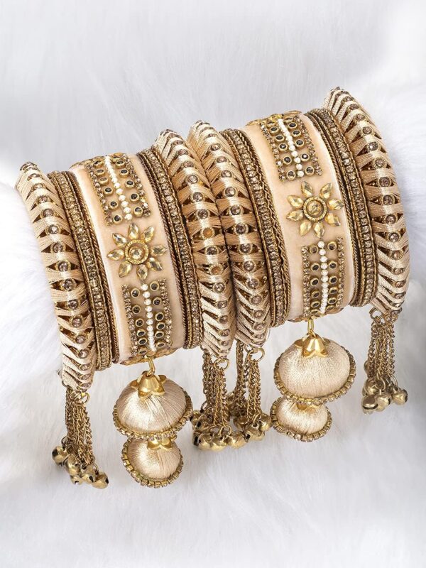 Aheli Wedding Party Designer Velvet Faux Stone Studded Bridal Bangle Set Chuda with Hangings Indian Traditional Ethnic Fashion Jewelry Gift for Women - Image 3