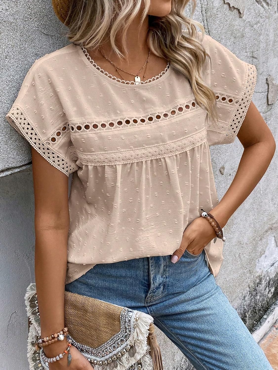 SweatyRocks Women's Casual Short Sleeve Summer Top Round Neck Lace Crochet Blouse Swiss Dots Blouse Tops - Image 3