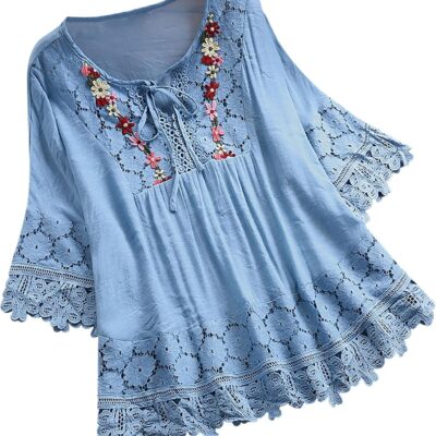Women Cotton Linen Embroidered Tops Loose Fit Tunic 3/4 Sleeve Summer Blouse Shirts Boho Peasant Trendy Clothes 2024