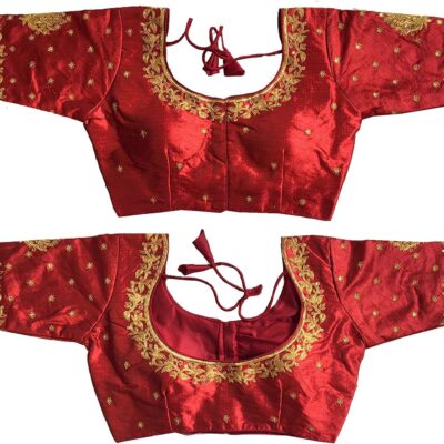 Phantom Silk Saree Sari Blouse Back Design Thread Floral Embroidery Half Sleeve Readymade for Women