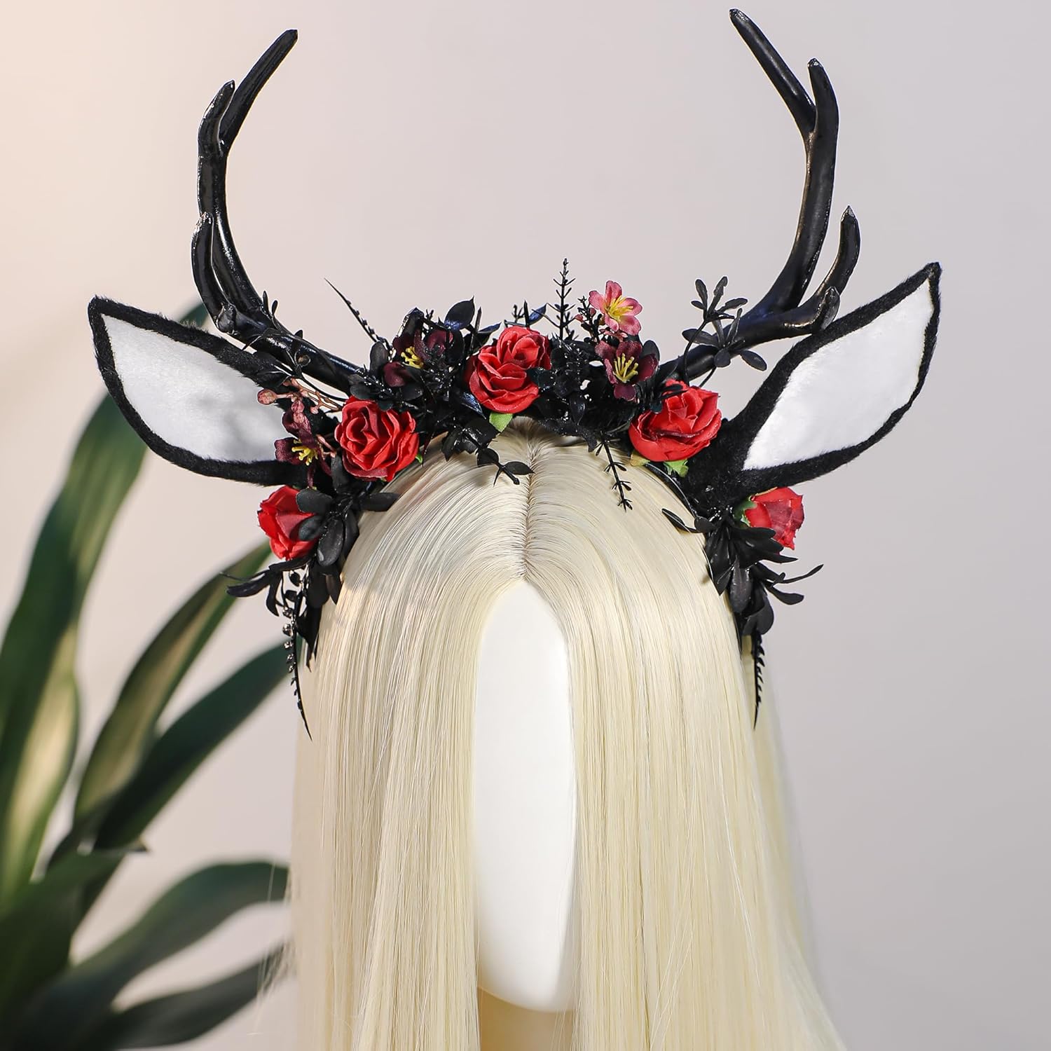 MOSTORY Black Flower Antlers Headband - Dark Floral Deer Horns Headband with Deer Ears Gothic Reindeer Headpiece for Renaissance Renfaire Outfit Halloween Deer Coslpay - Image 2