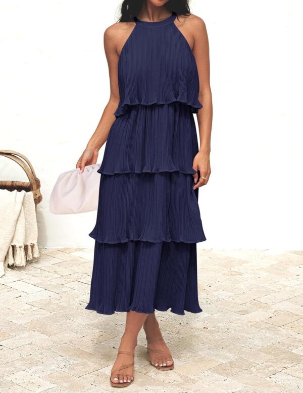 ZESICA Women's 2024 Summer Sleeveless Halter Neck Ruffle Tiered Layed Chiffon Flowy Swing Long Midi Dress - Image 2