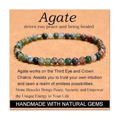 Massive Beads Indian Agate - Stone of Peaceful - Handmade Yoga Stretch Elastic Bracelet Natural Stone Crystal Healing Power Energy Gifts for Unisex Adult 4mm