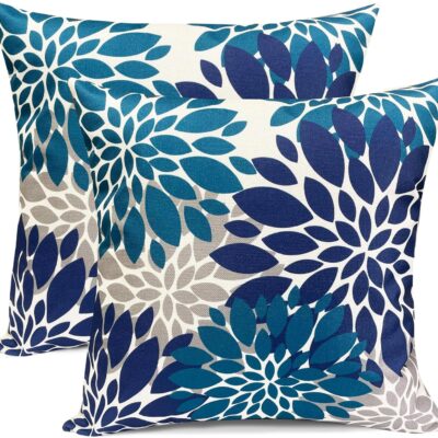 Decorative Throw Pillow Covers Set of 2 Blue Pillow Covers 18x18 Inch Couch Pillow Covers for Sofa Living Room Outdoor Throw Pillow Cover Linen Square Floral Flower Farmhouse Pillowcase