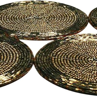 Shimmering Indian Handmade Beaded Coasters Round Suitable for Cold Drinks Cups, Wooden Table Decor House 4"(Set of 4,Copper)