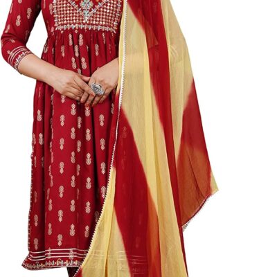 Indian Women's Tunic Tops Handwork Rayon Side Slit Anarkali Kurti Pants Set w Chiffon Dupatta Maroon