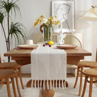 JIALE Rustic Farmhouse Table Runner with Tassels, Embroidered Cotton Linen Table Runner 72 Inches Long, Linen Boho Table Runners for Table Decorations, Holiday Party and Wedding, 13x72 Inches, Ivory