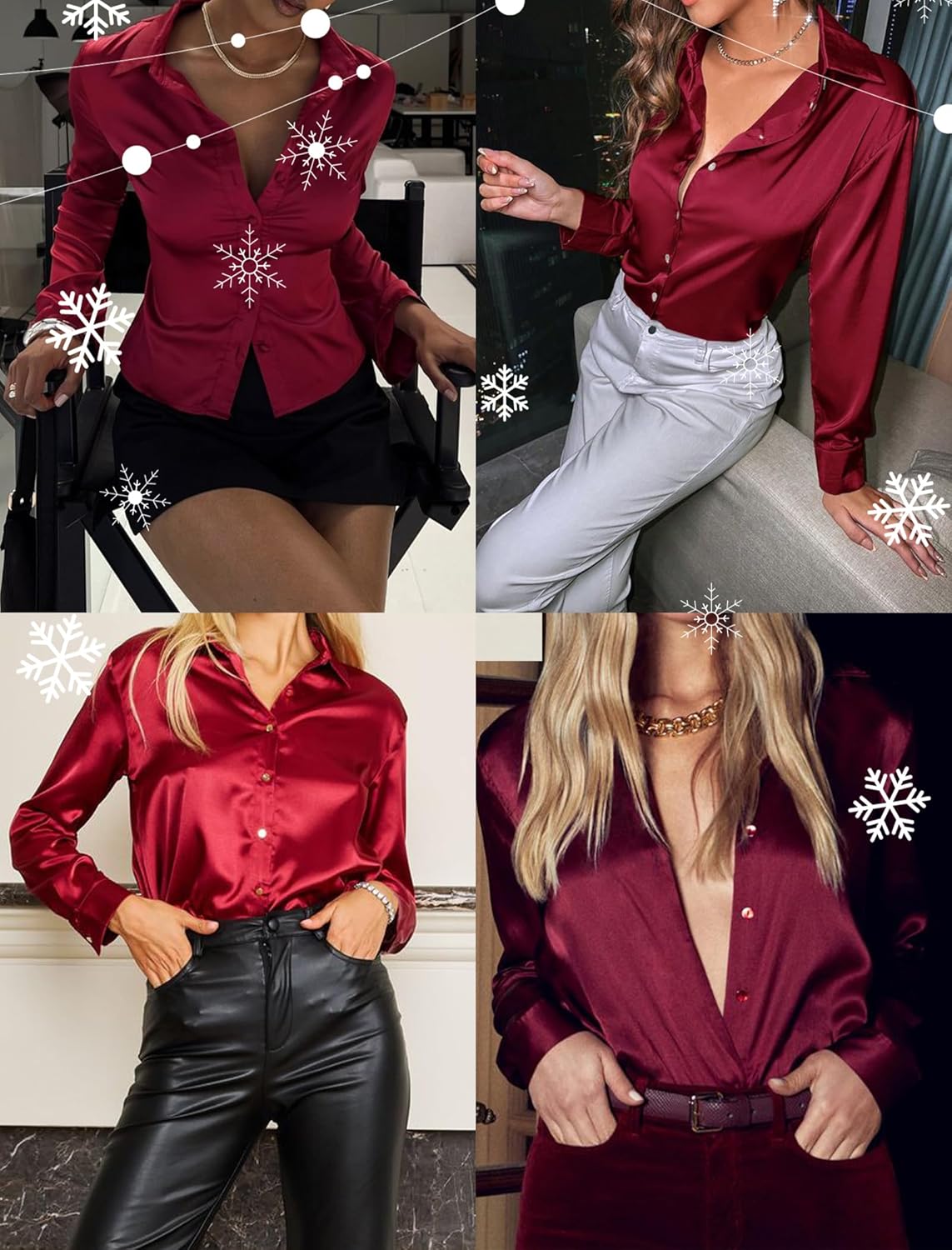 HOTOUCH Women's Satin Silk Shirts Button Down V Neck Dressy Casual Blouse Loose Long Sleeve Office Work Tunic Tops - Image 3