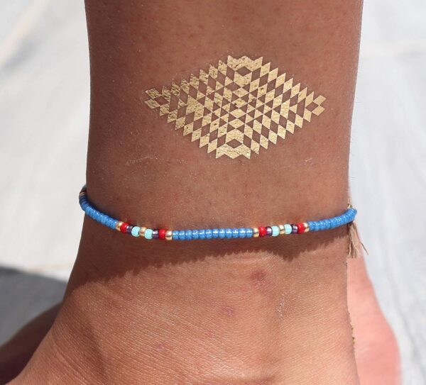 Beaded Anklet for Women, Unique Boho Bohemian Hippie Native American Beach Waterproof Anklet, Blue Gold Colorful, Handmade by Tribes - Image 9