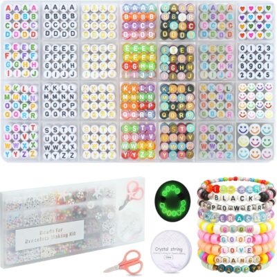 FZIIVQU 1400pcs 6 Colors 4x7mm Letter Beads for Bracelets Making Kit Alphabet Beads for Jewelry Making with Number Heart Beads Friendship Bracelet Kit
