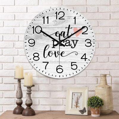 Eat Pray Love Wall Clock Inspirational Large Wooden Wall Clocks Battery Operated 15 Inch Desk Clock Wall Art Modern Home Decor for Kitchen Living Room Bedroom