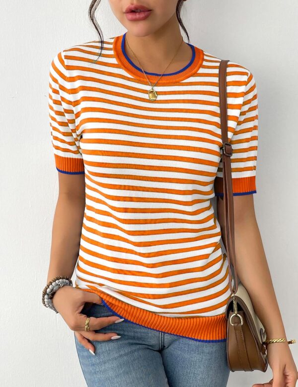 Zeagoo Womens Summer Tops Casual Short Sleeve Striped Sweater Shirt Crewneck Color Block Knit Blouses - Image 2