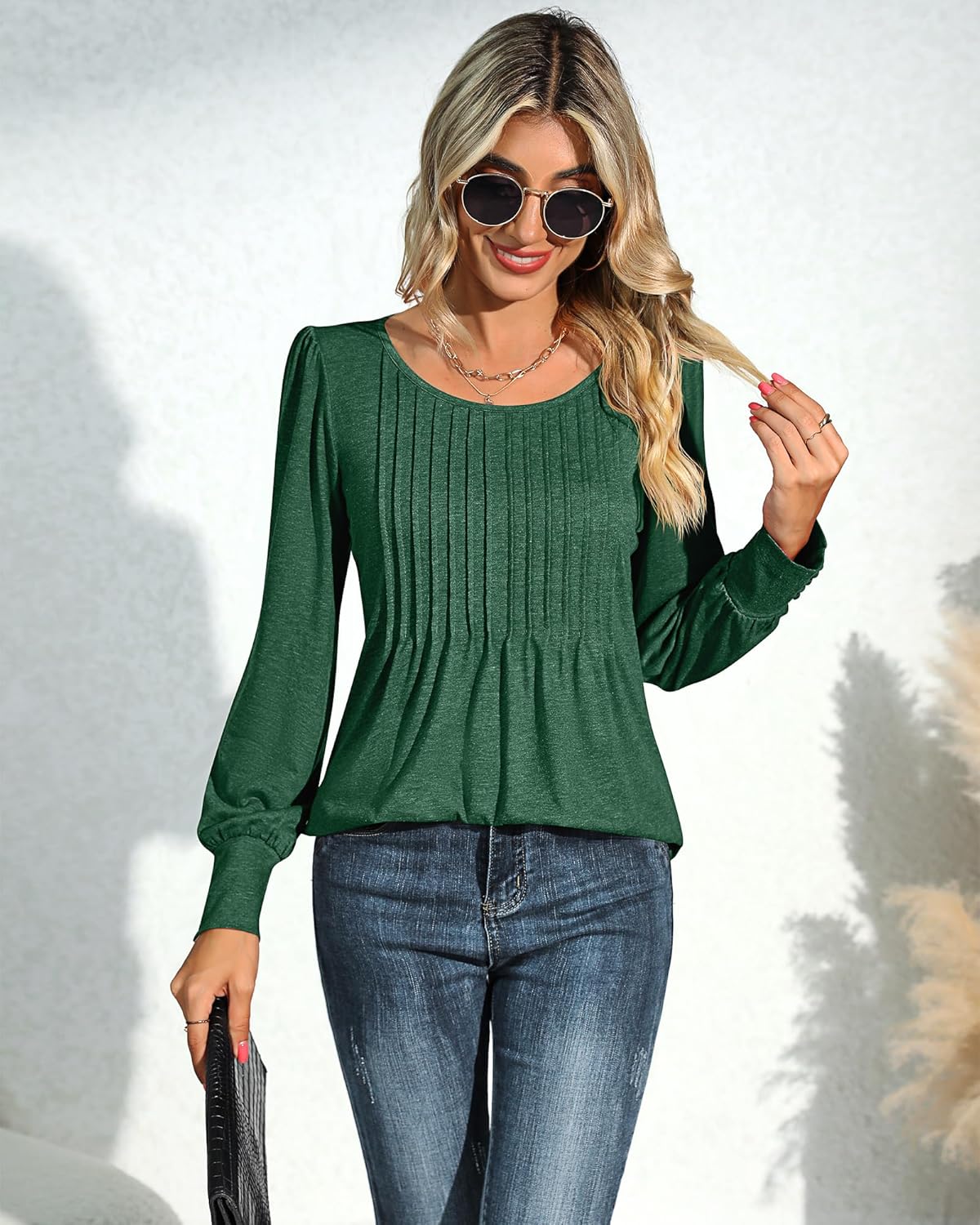 Ficerd Women's Puff Long Sleeve Tunic Tops Pleated Crew Neck Blouses Dressy Casual Loose Fit Winter and Spring Shirts - Image 3