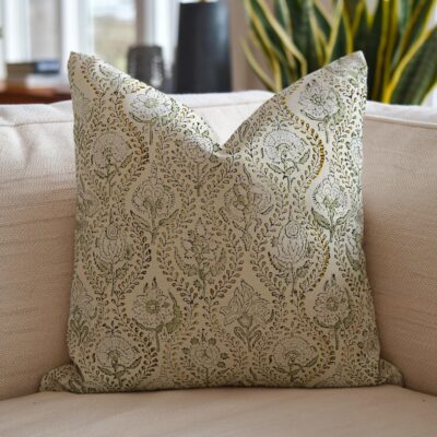 Block Print Thick Cotton 20X20 Throw Pillowcase Cushion Cover, Outdoor Decorative for Sofa and Couch, Fall Decoration, Floral Handloom Printed with Boho Home Décor, Amarbel, Light Green