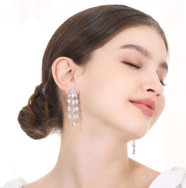 Wedding Earrings for Brides, Silver Earrings for Women, 18K White Gold Plated Sterling Silver Post Cubic Zirconia Dangle Earrings, Clear Crystal Hypoallergenic Chandelier/Tassel Earrings - Image 8
