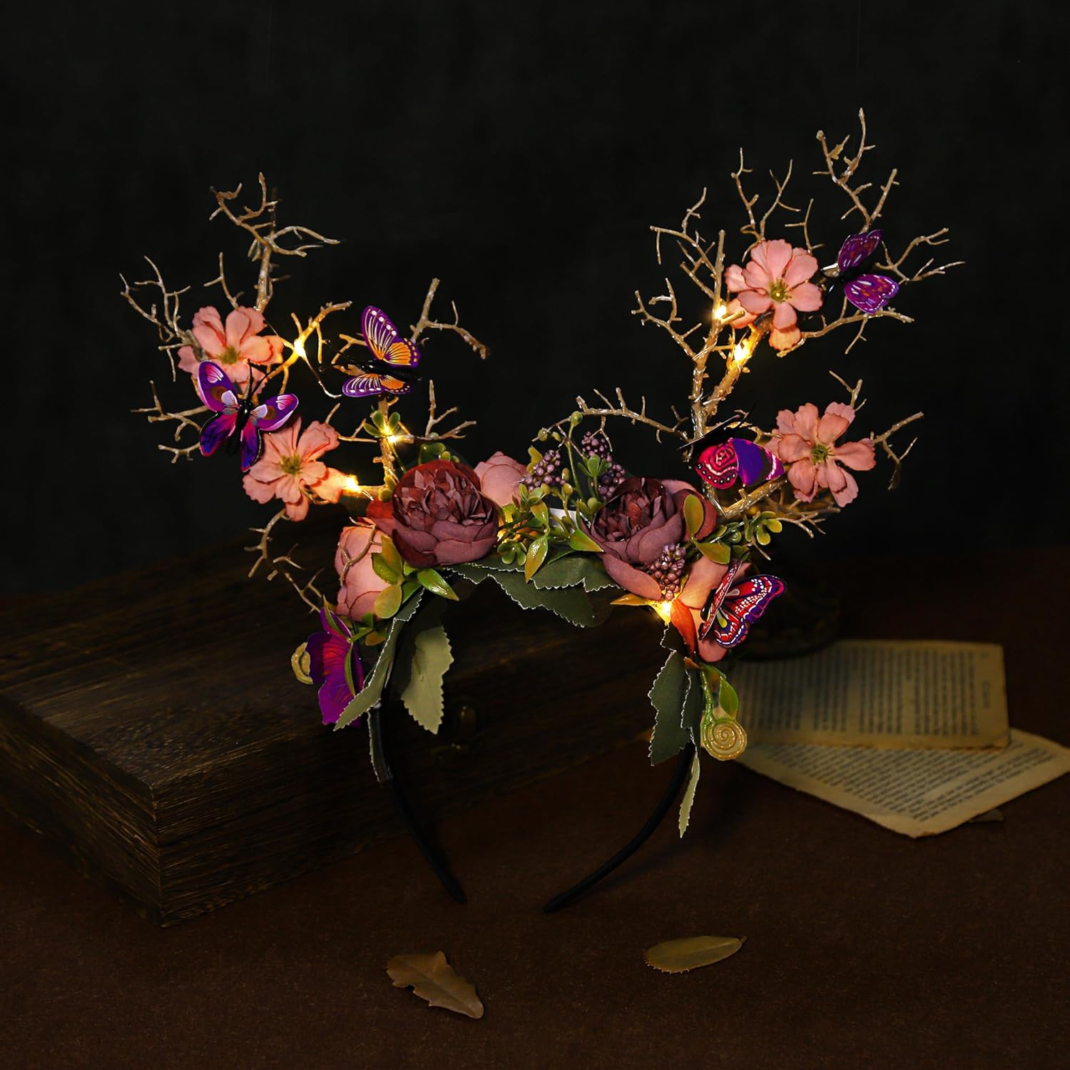 MOSTORY Purple Flower Branch Headband - Light up Woodland Hairband with Butterfly Forest Antler Headpiecde for Women Renaissance Faire Cosplay Halloween Prom - Image 5