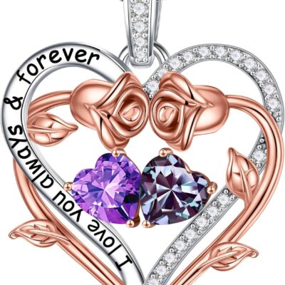 Iefil Rose Heart Double Birthstone Necklace Gifts for Wife Girlfriend Her Women, Birthstone Jewelry Gemstone Valentines Day Birthday Gifts for Mom Grandma Her Wife Women