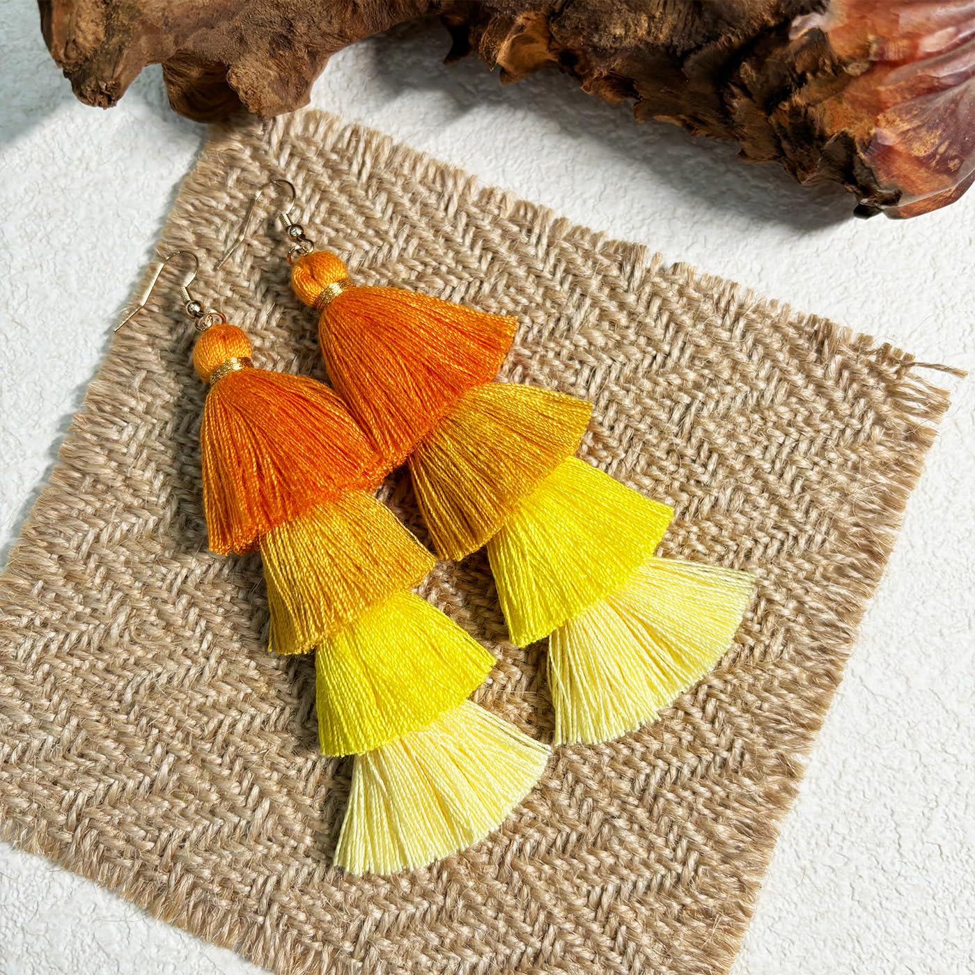 Handmade Bohemian Rainbow Layered Tassel Earrings for Women and Girls (Orange Ombre) - Image 4