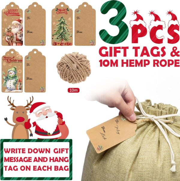 3PCS Large Burlap Christmas Drawstring Gift Bags with Tags, 18x24in Linen Christmas Gift Bags, Big Holiday Gift Bags Reusable Gift Wrapping Bags Jute Santa Sack for Xmas Present Party Favors - Image 6