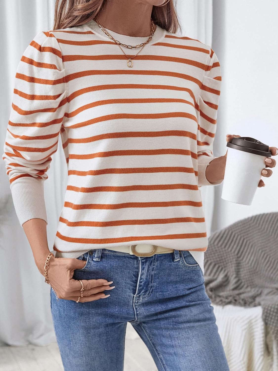 Women's Long Puff Sleeve Knit Tops 2024 Trendy Crew Neck Striped Blouses Casual Pullover Sweater - Image 4
