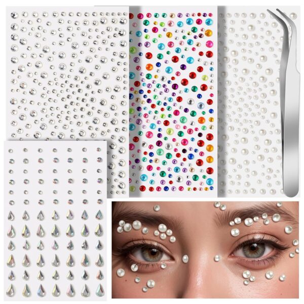 Teenitor Self Adhesive Face Gems and Pearls for Makeup, Festival Jewels for Halloween Makeup, Hair Gems, Rhinestone Stickers for Face, Eye, Makeup, Body