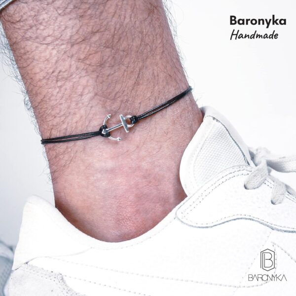 Baronyka Men's Handcrafted Anklet, Wax Cord, Stainless Steel, Adjustable Length, Durable for Everyday Wear and Modern Look (Black Cord Anchor) - Image 2