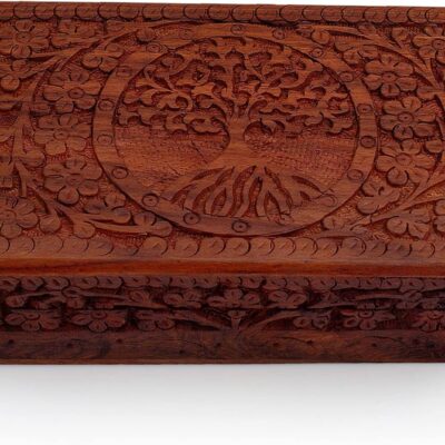 Great Birthday Gifts Handmade Decorative Wooden Jewelry Box Tree Of Life Carving Jewelry Organizer Keepsake Box Treasure Chest Trinket Holder Watch Box Storage Lock Box Housewarming Gift