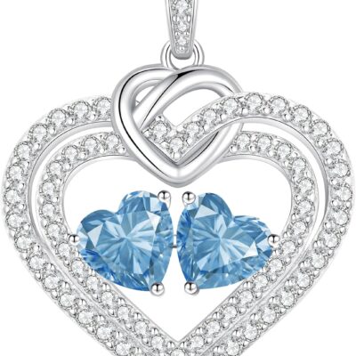 LOUISA SECRET Sparkling Double Heart Birthstone Necklaces for Women, 925 Sterling Silver Fine Jewelry, Pendant Heart Necklaces Birthday Anniversary Christmas Gift for Women Wife Mom Girlfriend Lady