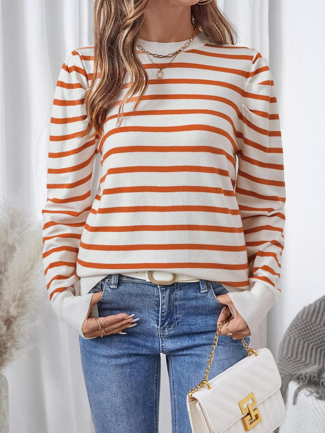 Women's Long Puff Sleeve Knit Tops 2024 Trendy Crew Neck Striped Blouses Casual Pullover Sweater - Image 3