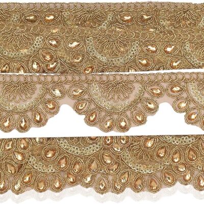 Golden Kundan Lace Sequin Studded Sari Border Decorative Ribbon for Sewing, Crafting, Embellishment Wedding Bridal Dresses, Fashion Garments, 40mm Wide, 4 Metres