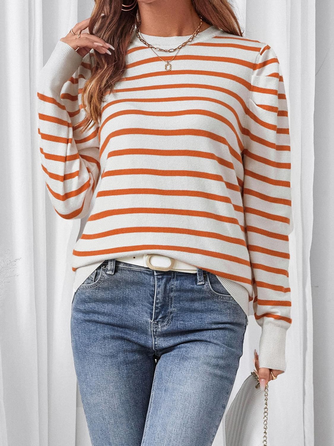 Women's Long Puff Sleeve Knit Tops 2024 Trendy Crew Neck Striped Blouses Casual Pullover Sweater - Image 2