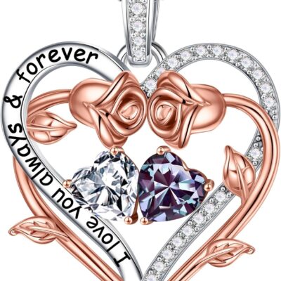 Iefil Rose Heart Double Birthstone Necklace Gifts for Wife Girlfriend Her Women, Birthstone Jewelry Gemstone Valentines Day Birthday Gifts for Mom Grandma Her Wife Women