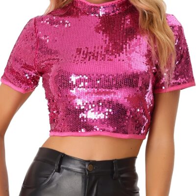 Allegra K Women's Sequin Crop Top Sparkle Glitter Short Sleeve Shinning T Shirt Club Blouse