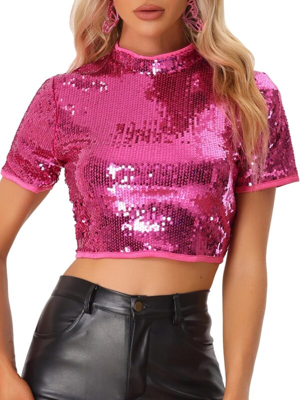 Allegra K Women's Sequin Crop Top Sparkle Glitter Short Sleeve Shinning T Shirt Club Blouse