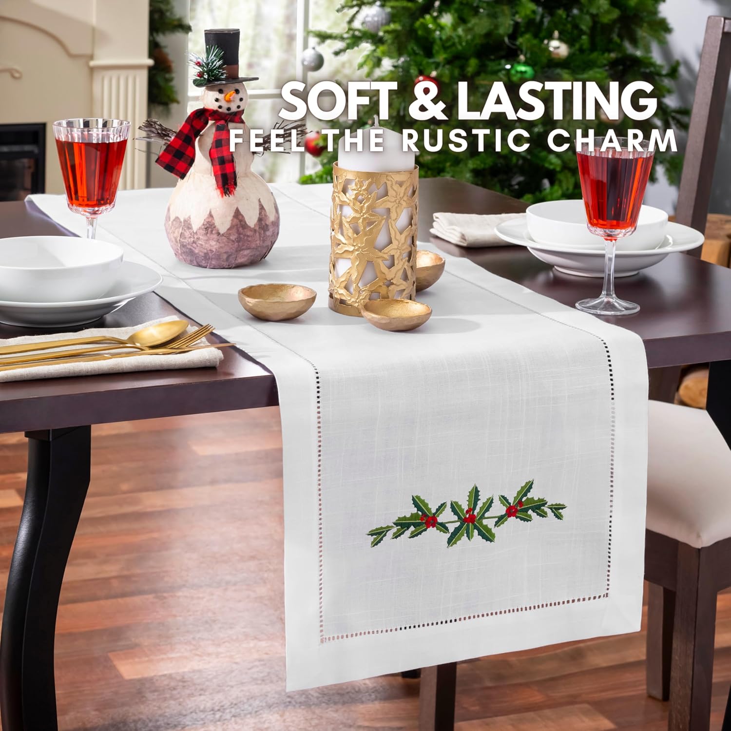 Holly Garland Embroidered White Christmas Table Runner - Ideal for Christmas Decor, White Christmas Decorations, Winterberry Holiday Decor and Winter Farmhouse Decor (14 x 108 Inches Long) - Image 4