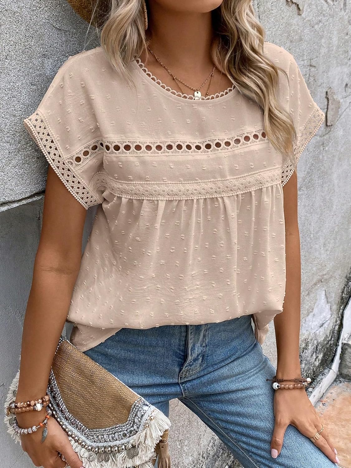 SweatyRocks Women's Casual Short Sleeve Summer Top Round Neck Lace Crochet Blouse Swiss Dots Blouse Tops - Image 4
