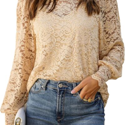 HOTOUCH Womens Lace Tops Floral Long Sleeve Mock Neck Casual Dressy Blouses Shirt with Separable Camisole Sexy 2 PCS Set