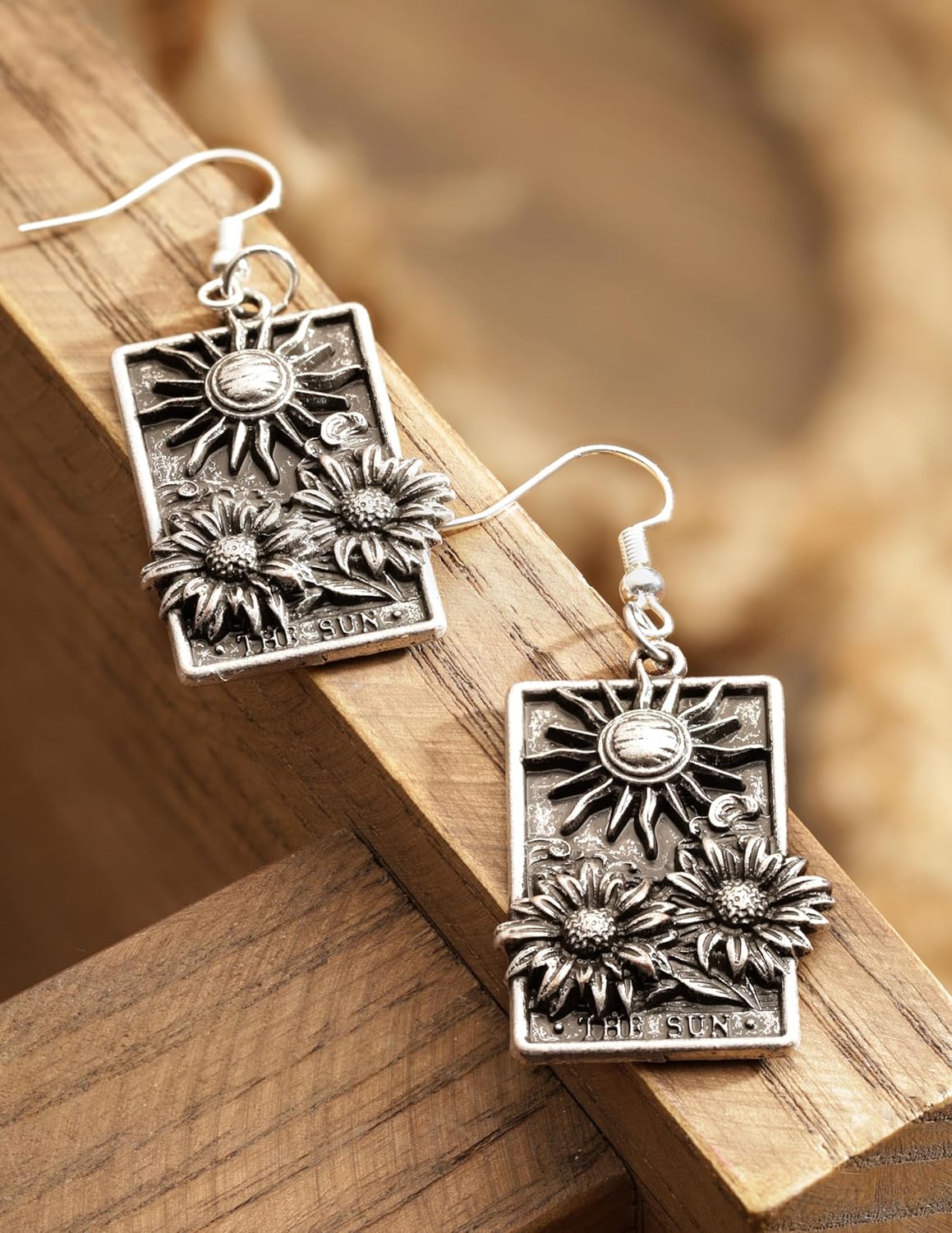 HAQUIL Vintage Antique Sun Floral Sunflower Rectangle Dangle Drop Earrings Jewelry Gift for Women - Image 3