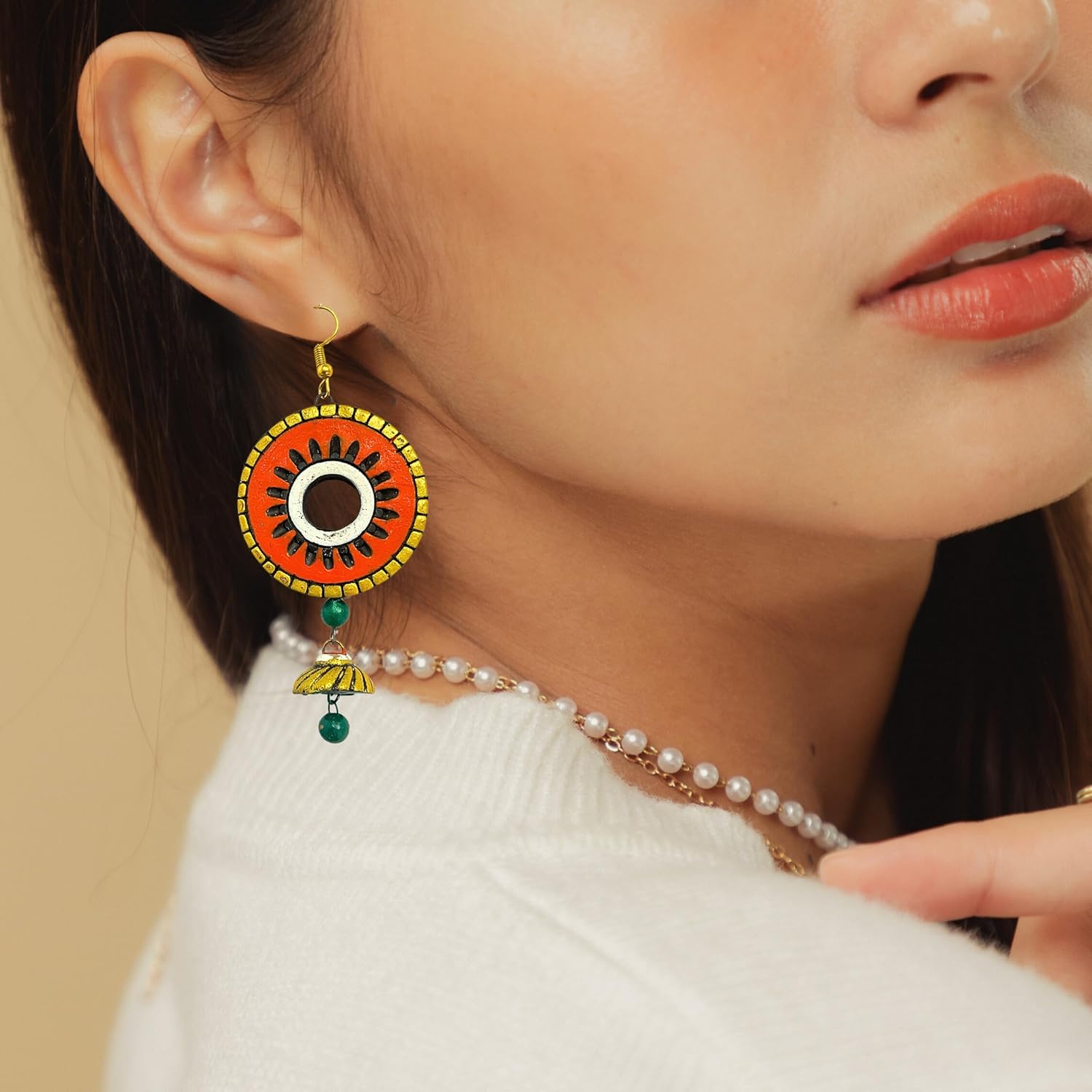 Ethnic Handmade Handcrafted Terracotta Attractive Indian Jhumki Earring Jewellery Set for Women hook earrings (ORANGE ROUND) - Image 4