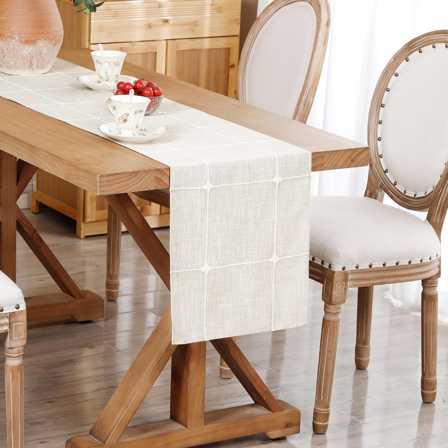 Embroidered Cloth Table Runner Rustic Plaid Farmhouse Table Runners Checkered Rectangle Runnerl for Dinning Dresser Coffee Party Holiday Table Decor Off White 13 x 48 inch