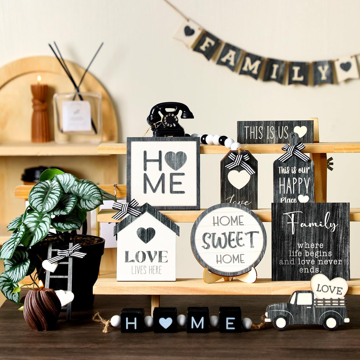 Mifoci 18 Pcs Farmhouse Tiered Tray Decor Home Wooden Signs Rustic Sweet Home Vintage Home Tabletop Spring Summer Table Centerpiece Black White Car Wood Block for Home Kitchen Table Bar Housewarming - Image 5